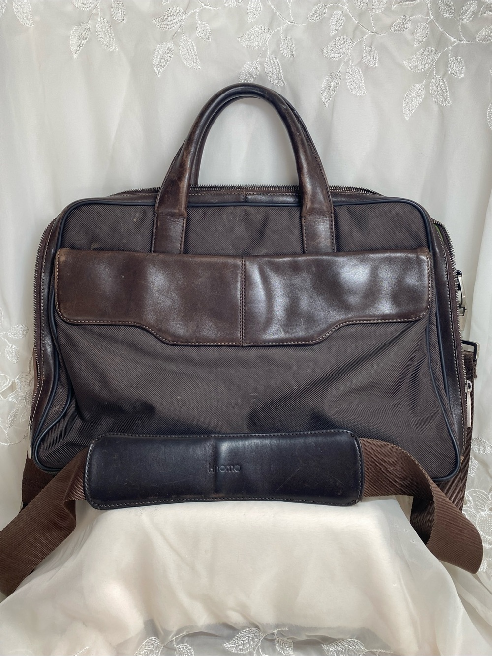 Knomo Stanley Dark Brown Nylon Twill Leather-Trim Laptop Briefcase